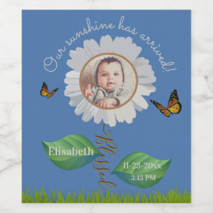 Our Sunshine Baby Announcement Floral Daisy Photo  Wine Label