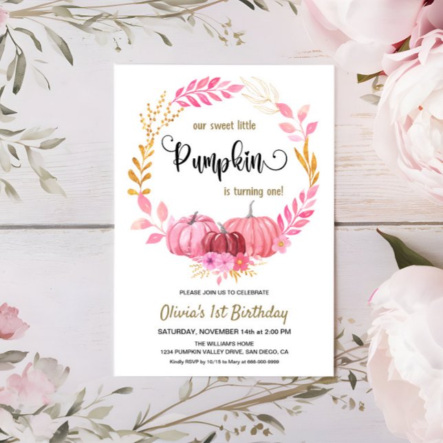 Our Sweet Little Pink Pumpkin 1st Birthday Party Invitation (Our Little Pumpkin Pink Girl 1st Birthday Invitation)
