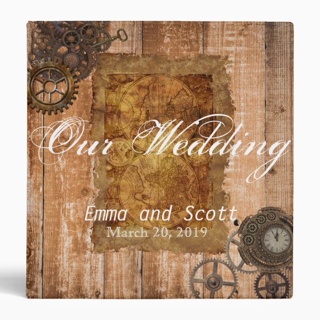 Our Wedding Album Binder Steampunk Vintage Wood (Front)