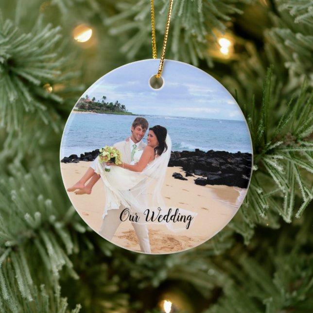 Our Wedding Black Damask Photo Ornament (Tree)
