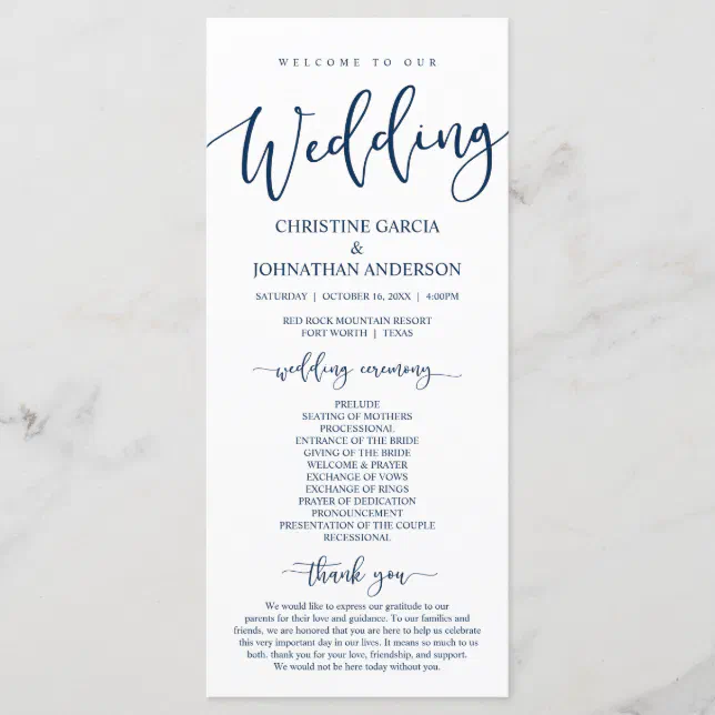 Our Wedding Ceremony, Classy Navy Blue Program | Zazzle