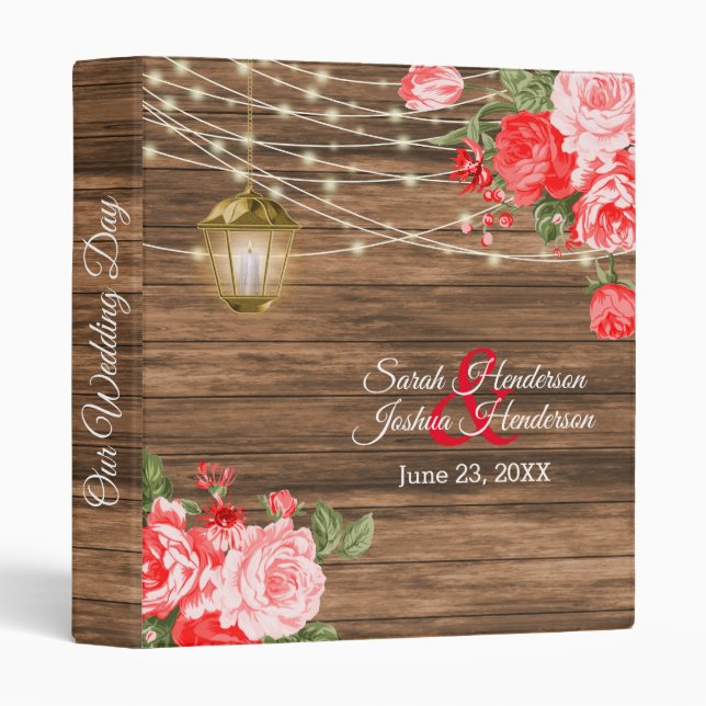 Our Wedding Day | Barnwood, Lantern & Red Flower 3 Ring Binder (Front/Spine)