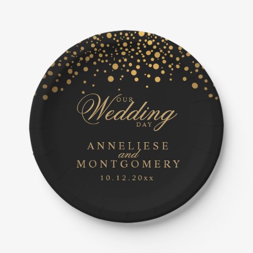 Our Wedding Day Black  Gold Confetti Dots Paper Plates