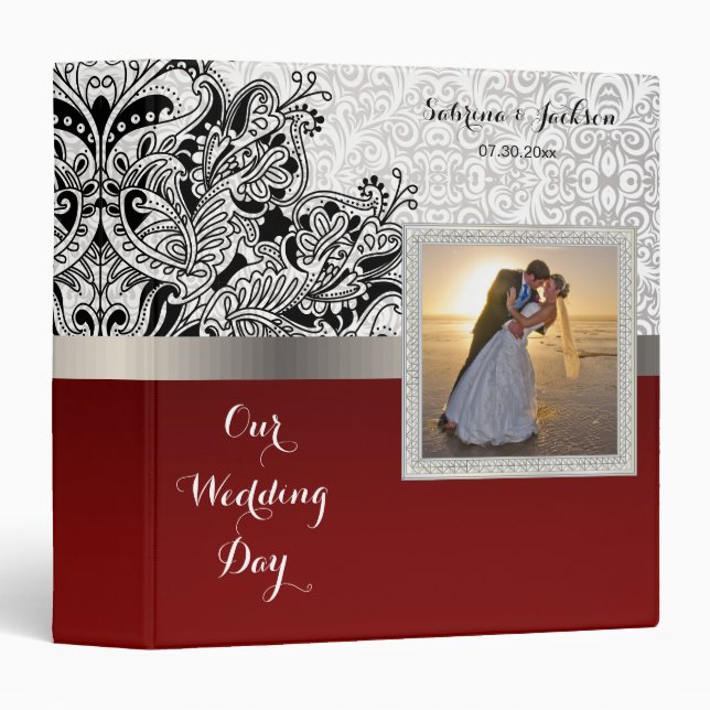 Our Wedding Day | Damask White & Dark Red 3 Ring Binder (Front/Spine)