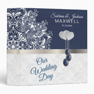 Our Wedding Day Dark Blue and White 3 Ring Binder
