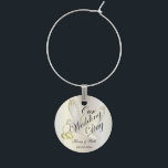 Our Wedding Day Dove | DIY Name & Date Wine Glass Charm<br><div class="desc">Wine charm. Featuring a beautiful white dove and gold wedding rings. Please be aware the name and date will be very small in size but you can increase the size or even delete it. ⭐This Product is 100% Customizable. Graphics and / or text can be added, deleted, moved, resized, changed...</div>