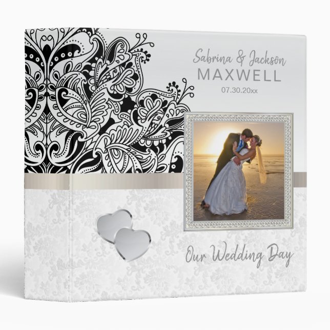 Our Wedding Day | Elegant White Damask 3 Ring Binder (Front/Spine)