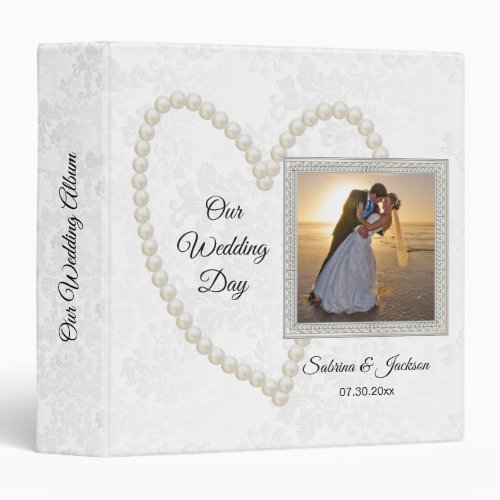 Our Wedding Day  Elegant White Damask and Pearls 3 Ring Binder