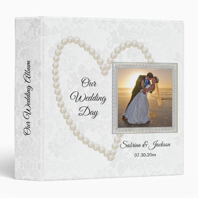 Our Wedding Day | Elegant White Damask and Pearls 3 Ring Binder (Front/Spine)