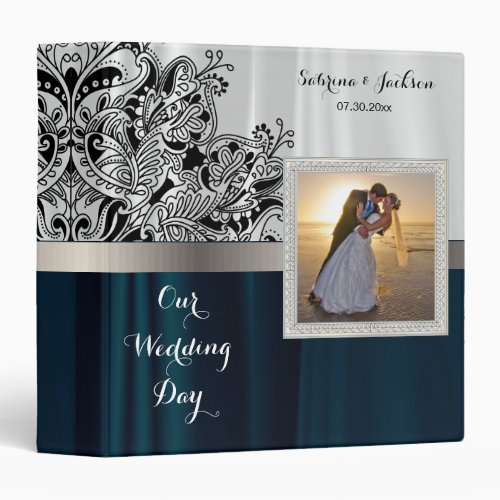 Our Wedding Day  Elegant White  Dark Blue Satin Binder