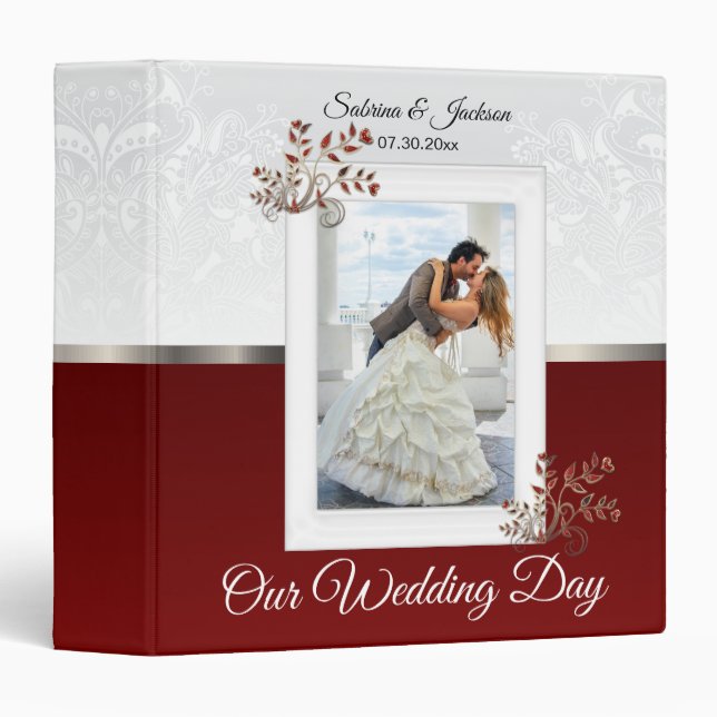 Our Wedding Day | Elegant White & Dark Red 3 Ring Binder (Front/Spine)