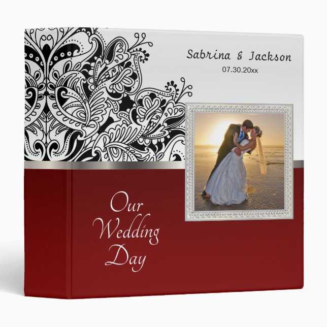 Our Wedding Day | Elegant White & Dark Red Design 3 Ring Binder (Front/Spine)