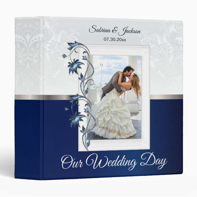 Our Wedding Day | Elegant White & Navy Blue 3 Ring Binder (Front/Spine)