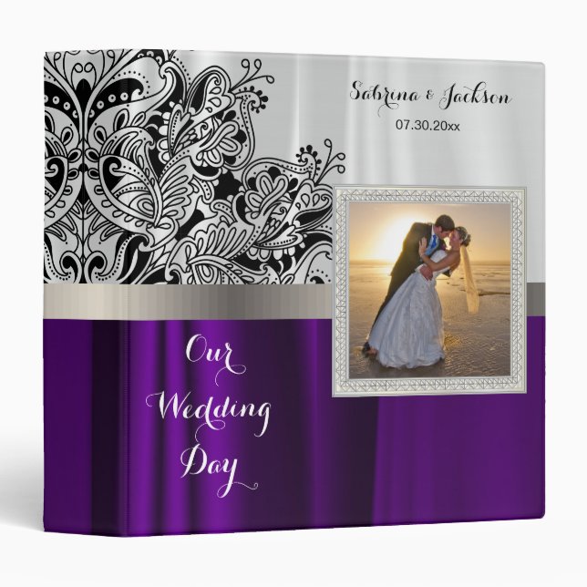 Our Wedding Day | Elegant White & Purple Satin 3 Ring Binder (Front/Spine)