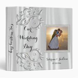 Our Wedding Day Elegant White Satin 3 Ring Binder