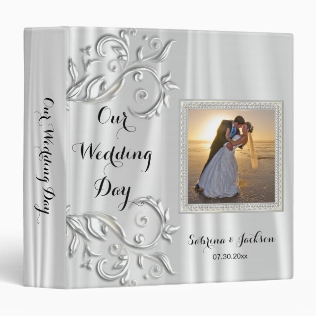 Our Wedding Day | Elegant White Satin 3 Ring Binder (Front/Spine)