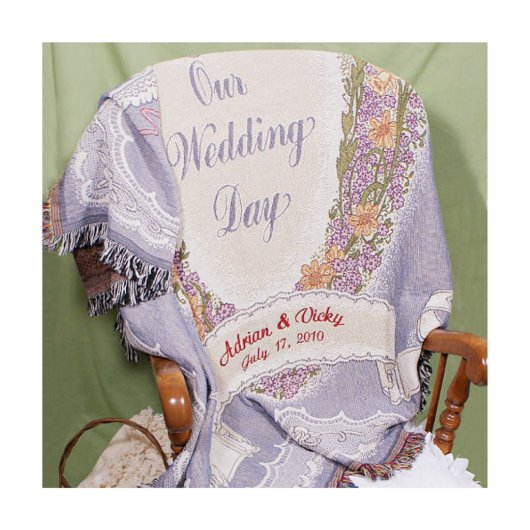 Our Wedding Day Embroidered Cotton Throw Blanket (Front)