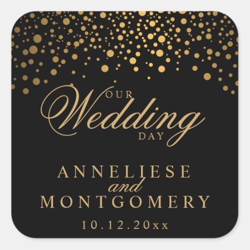 Our Wedding Day Gold Dots on Black  Personalize Square Sticker