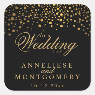 Our Wedding Day Gold Dots on Black Personalize Square Sticker