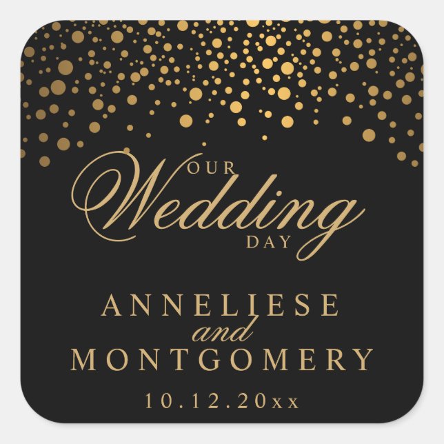 Our Wedding Day Gold Dots on Black | Personalize Square Sticker (Front)
