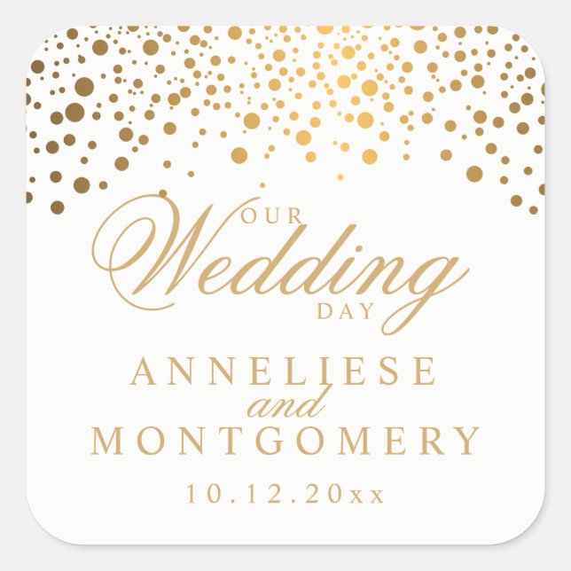 Our Wedding Day Gold Dots on White | Personalize Square Sticker (Front)