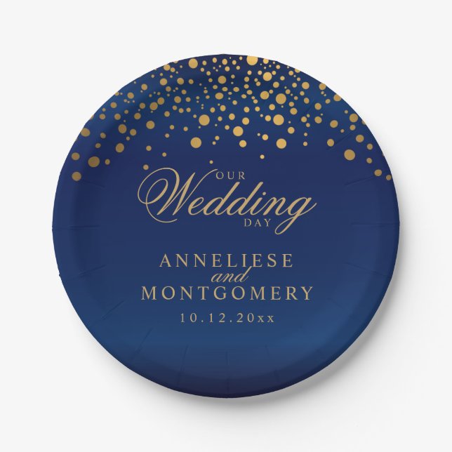 Our Wedding Day Navy Blue & Gold Confetti Dots Paper Plates (Front)