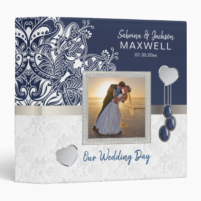 Our Wedding Day | White Damask & Dark Blue 3 Ring Binder (Front/Spine)