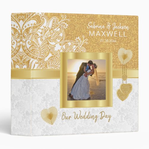 Our Wedding Day  White Damask  Gold 3 Ring Binder