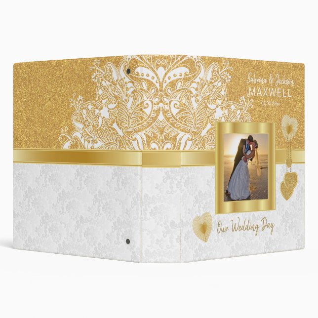 Our Wedding Day | White Damask & Gold 3 Ring Binder (Background)