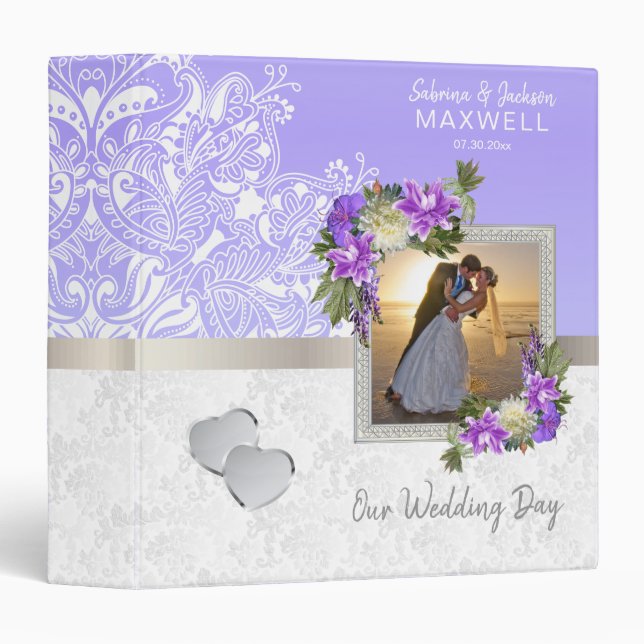 Our Wedding Day | White Damask & Lavender 3 Ring Binder (Front/Spine)