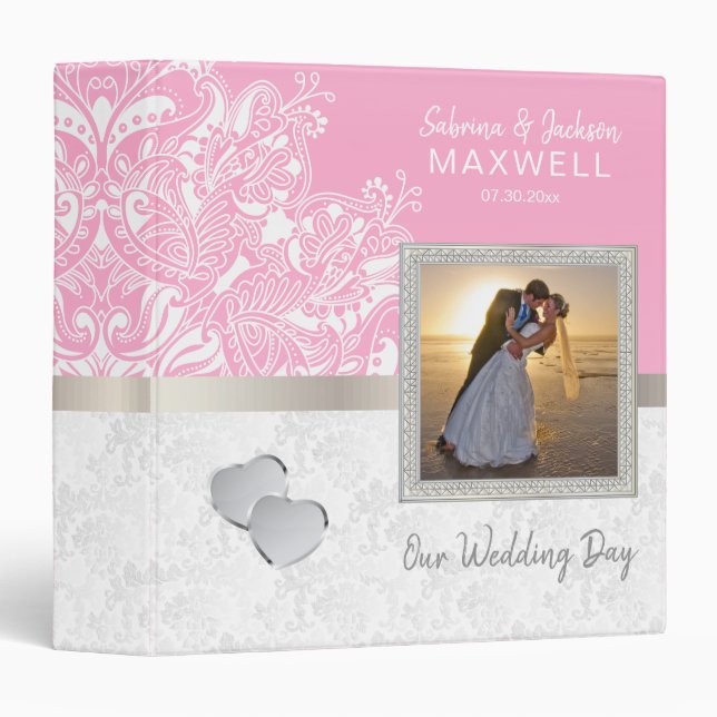 Our Wedding Day | White Damask & Pink 3 Ring Binder (Front/Spine)