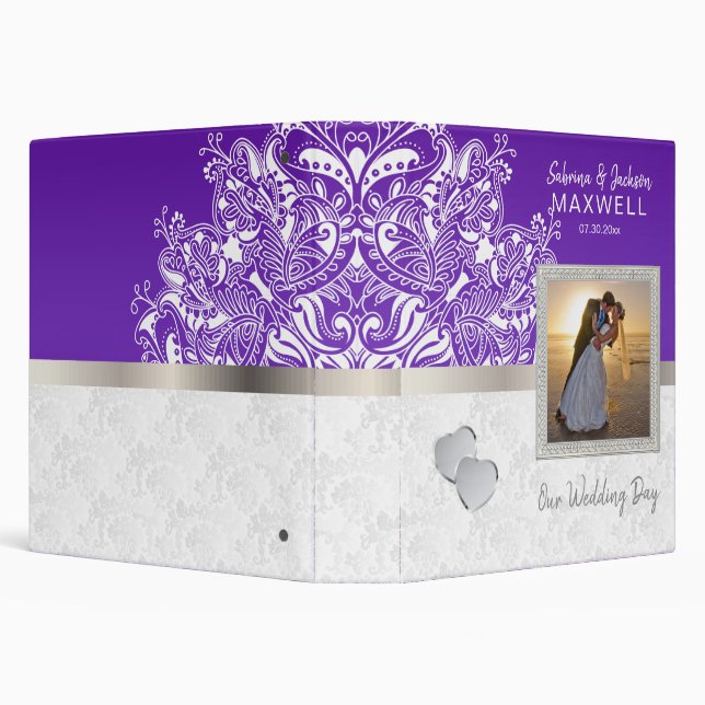 Our Wedding Day | White Damask & Purple 3 Ring Binder (Background)