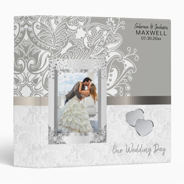 Our Wedding Day | White Damask & Silver Gray 3 Ring Binder (Front/Spine)