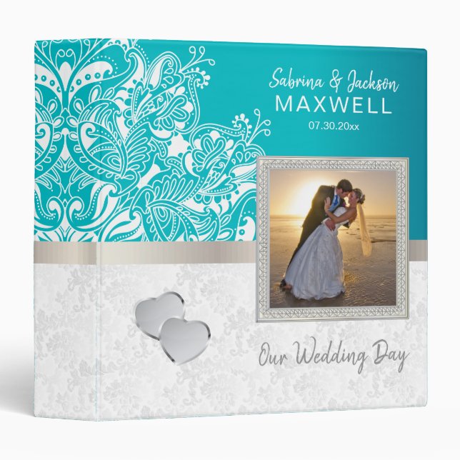 Our Wedding Day | White Damask & Teal 3 Ring Binder (Front/Spine)