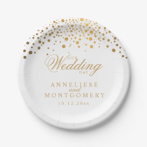 Our Wedding Day White  Gold Confetti Dots Paper Plates