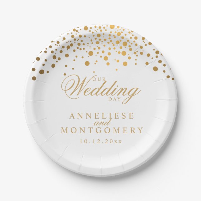 Our Wedding Day White & Gold Confetti Dots Paper Plates (Front)