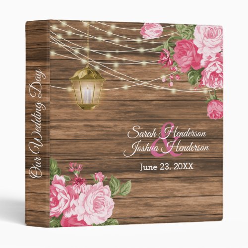 Our Wedding Day  Wood Lantern  Mauve Pink 3 Ring Binder