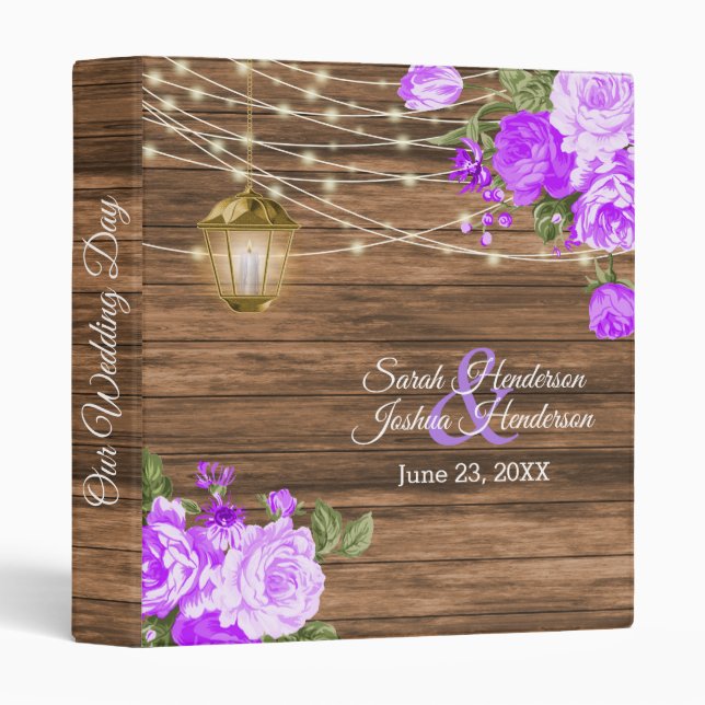 Our Wedding Day | Wood, Lantern & Purple Flower 3 Ring Binder (Front/Spine)