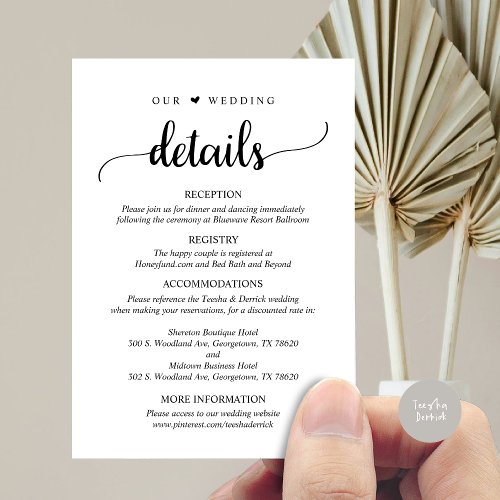 Our Wedding Details Rustic Black Script Enclosure Card