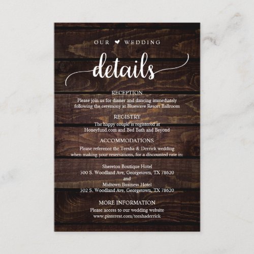 Our Wedding Details Rustic Dark Wood Themed Enclosure Card