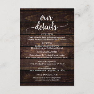 Our Wedding Details, Rustic Dark Wood Themed Enclosure Card