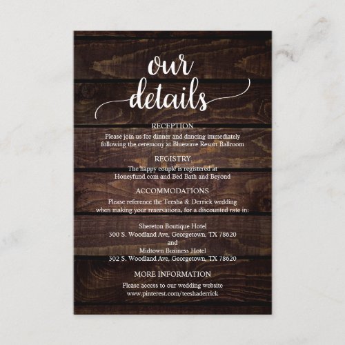Our Wedding Details Rustic Dark Wood Themed Enclosure Card