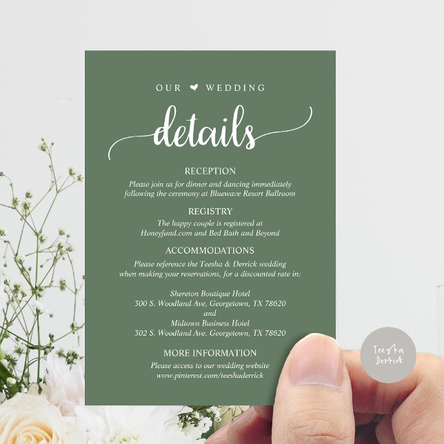 Our Wedding Details, Rustic Forest Sage Green Enclosure Card (Our Wedding Details, Rustic Script Invitation Enclosure Card, in Sage Green)