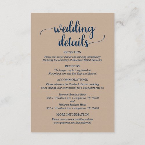 Our Wedding Details Rustic Kraft Navy Blue Script Enclosure Card
