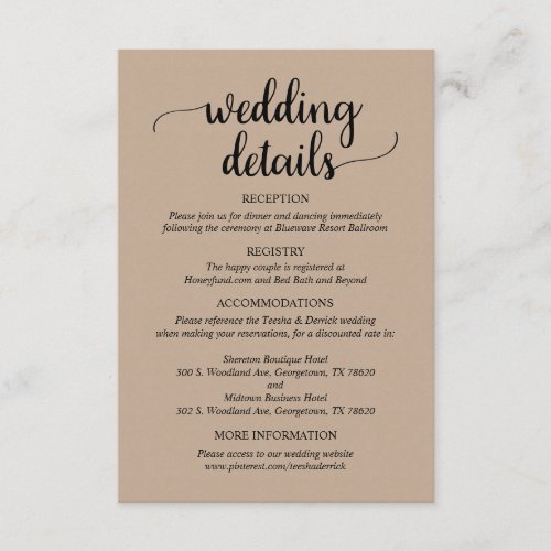 Our Wedding Details Rustic Light Brown Kraft Enclosure Card