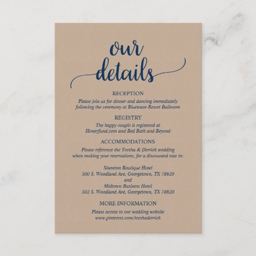 Our Wedding Details  Rustic Navy Blue Script Enclosure Card