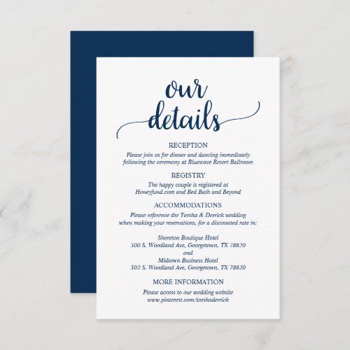 Our Wedding Details Rustic Navy Blue Script  Enclosure Card