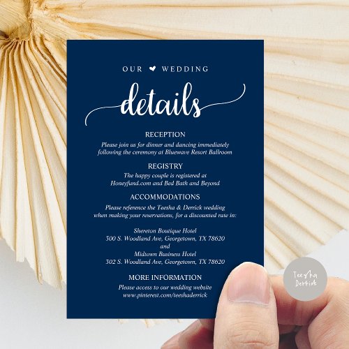 Our Wedding Details Rustic Navy Blue Script Enclosure Card