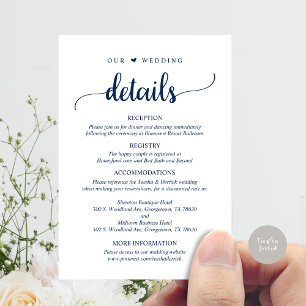 Our Wedding Details, Rustic Navy Blue Script Enclosure Card
