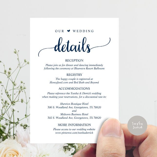 Our Wedding Details, Rustic Navy Blue Script Enclosure Card (Our Wedding Details, Rustic Script Invitation Enclosure Card, in Navy Blue)